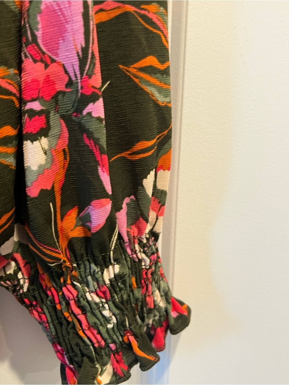 Long Sleeve Floral V-Neck Blouse - Pink & Orange on Black with Smocked Sleeves - Picture 2 of 6